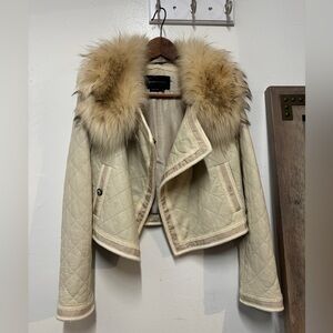 BCBG Leather Jacket With Detachable Real Fur ( Racoon ) collar